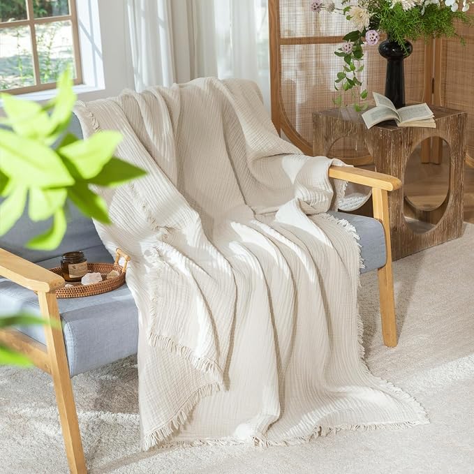 MooMee Muslin Blanket - 100% Cotton 4-Layer Gauze Throw Blanket with All-Around Fringe, Soft Breathable Lightweight Cooling Summer Blankets for Bed Couch (Beige,Super King 108" x 98")