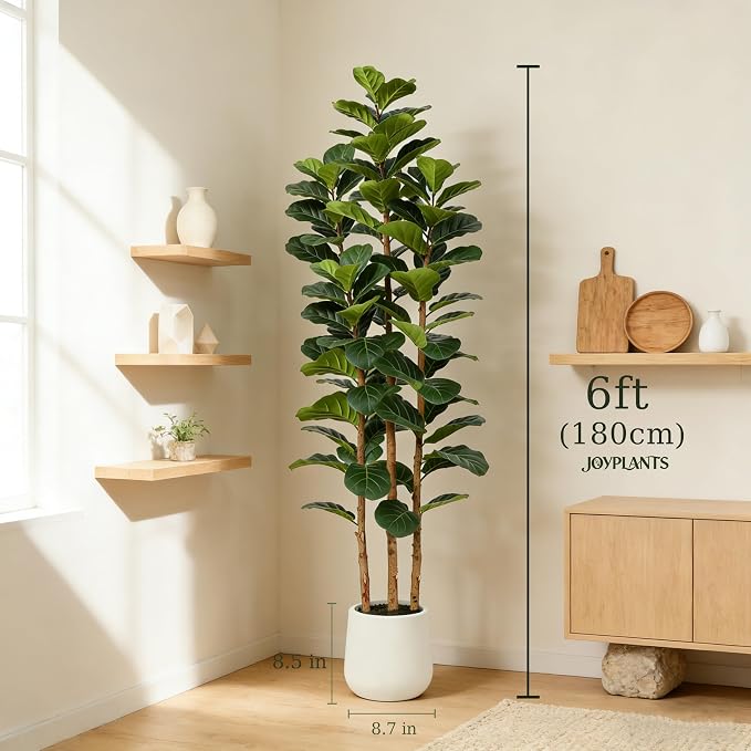 6ft Fake Fiddle Leaf Fig Tree, Realistic Fake Plants with Natural-Looking Trunk, Evergreen Faux Plants Indoor for Home & Office Decor（3 Poles, White Pot）