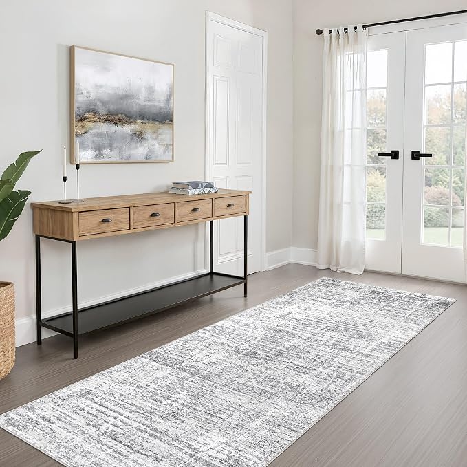 Runner Rug Non-Slip Kitchen Rug: 3x10 Washable Abstract Modern Soft Stain Resistant Indoor Floor Neutral Accent Throw Carpet for Hallway Bathroom Laundry Room Bedroom Entryway- Grey