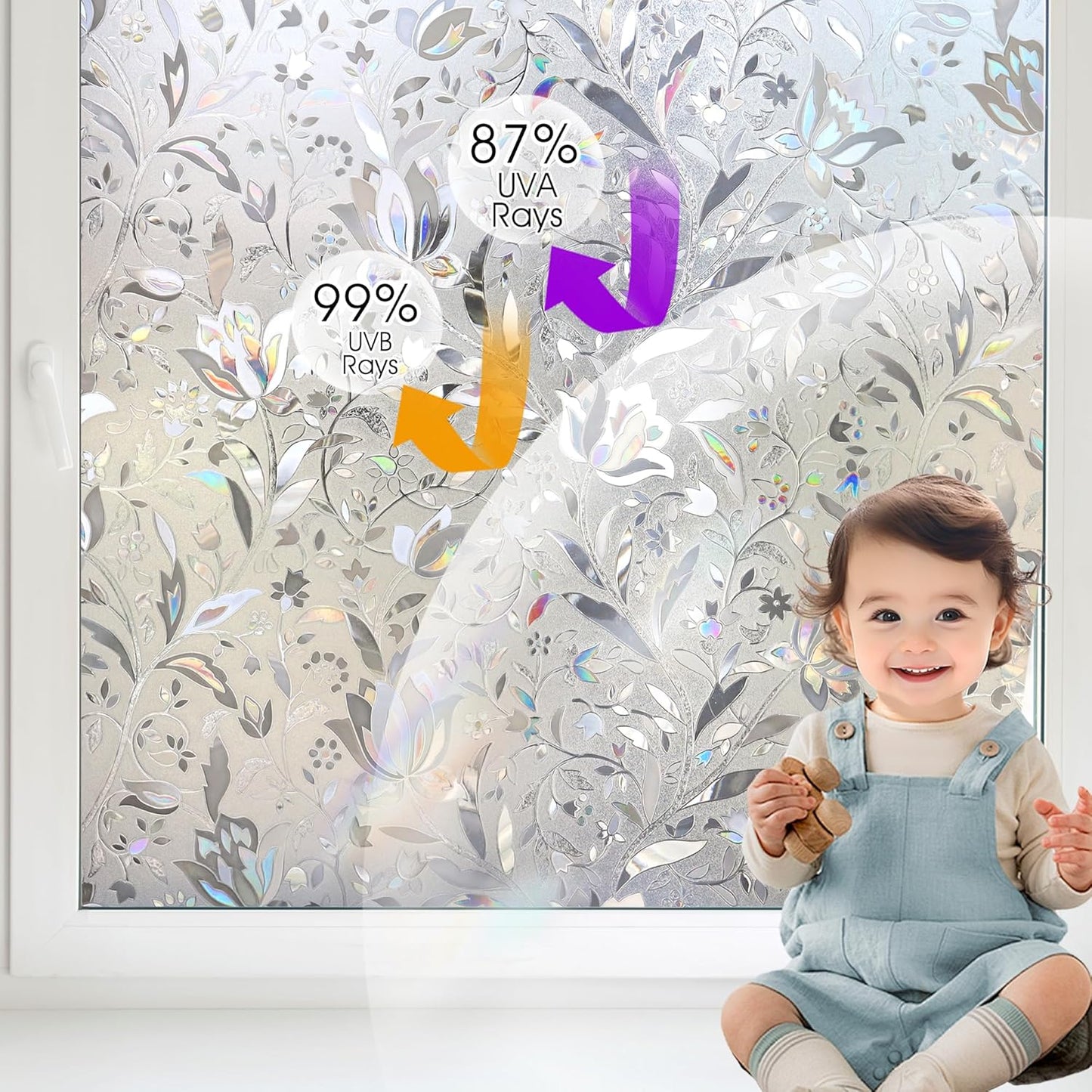 HIDBEA Window Privacy Film, 3D Stained Glass Static Cling - Sun Blocking Anti-UV Heat Control, Reusable Decorative Film for Home/Office Doors, Rainbow Tulip Design (35.4 in x 78.7 in)