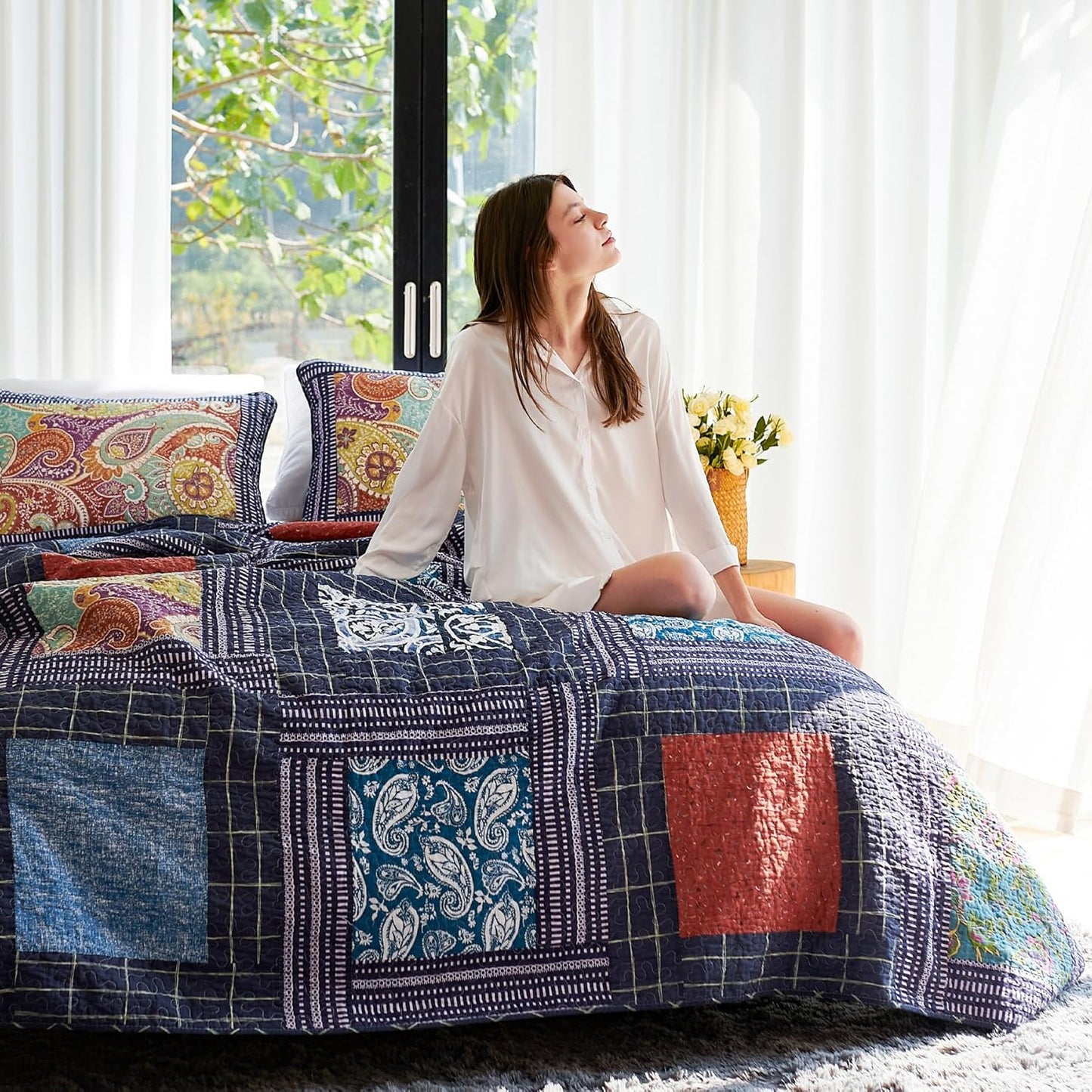 Secgo California King Quilt Size - 100% Cotton Oversized California Comforter Set Bedding Sets (120 * 110 Inch) with 2 Pillow Shams, Patchwork Reversible Lightweight Bedspread