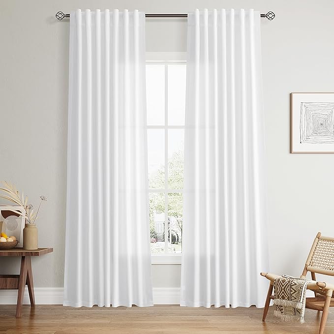 Nanspring White Linen Curtains 84 inches Long for Living Room Back Tab Privacy Semi Sheer White Drapes Light Filtering Boho Textured Modern Elegant Curtain for Kids Room Bedroom W50 x L84, 2 Pieces