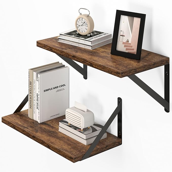 Vivelove Deep Floating Shelves for Wall, 16W x 8D Wood Wall Shelves Set of 2, Wide Floating Bookshelf for Living Room, Kitchen, Office, Bedroom and Decor Storage, with Metal Bracket - Rustic Brown