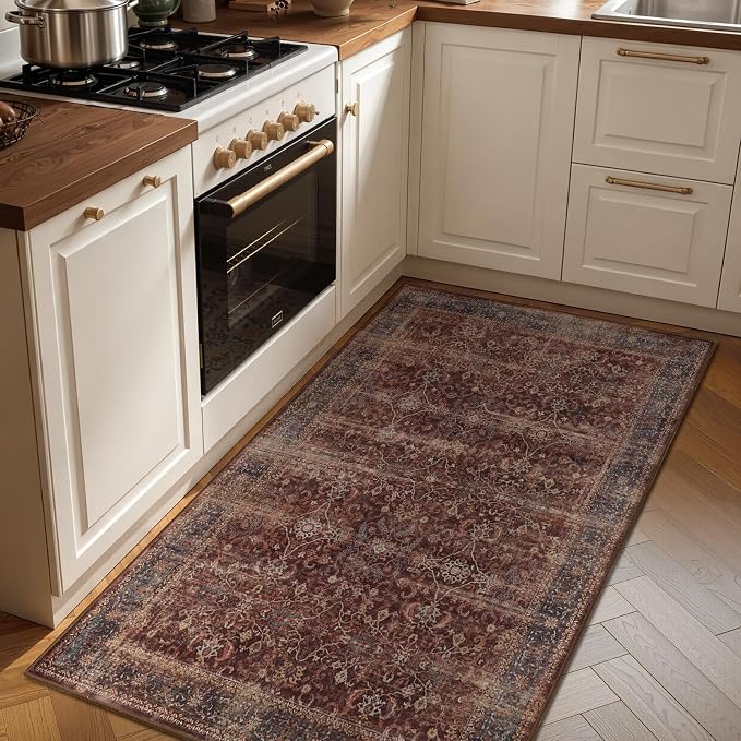 Vintage Red 3x5 Entryway Rug Indoor Foyer, Earth Tone Farmhouse Throw Rug for Kitchen Bathroom, Machine Washable Non Slip Thin Area Rug for Nursery/Bedroom Bedside/Home Office/Dorm, Brick Red
