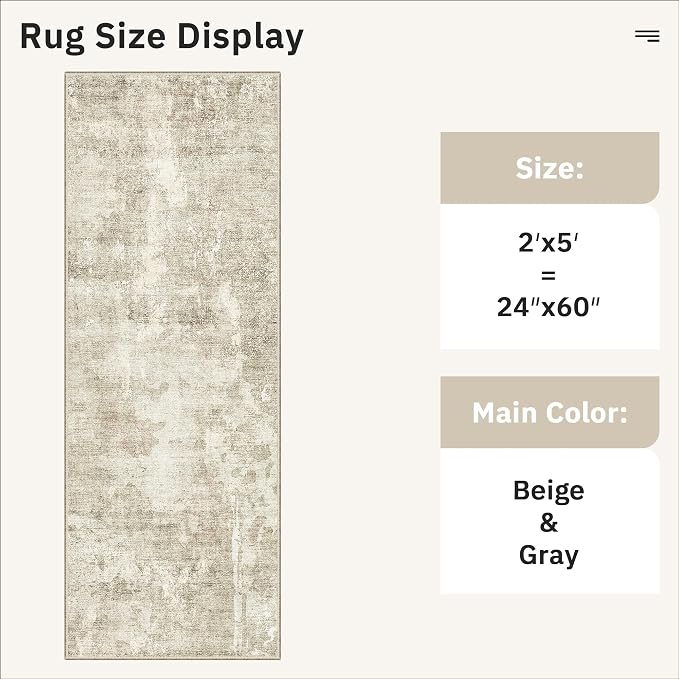 Soalmost Runner Rug 2x5 Washable Non-Slip Kitchen Runner Rugs for Bathroom Laundry Room Beige Gray Vintage Floor Carpet Runners for Hallway Entryway