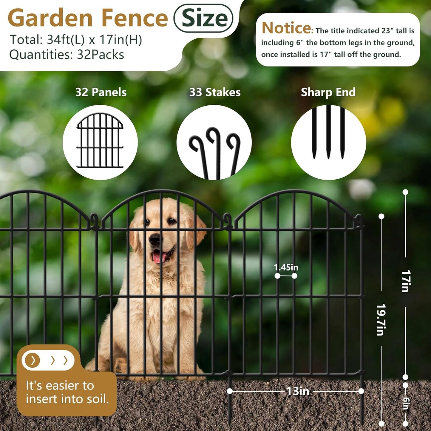 32 Panels Garden Fence, 34ft x 23in Animal Barrier Fences for Rabbits Dogs, Rustproof Metal Gardens Border Fencing, Arched Decorative Flower Bed Edging Barriers for Outdoor Yard Patio