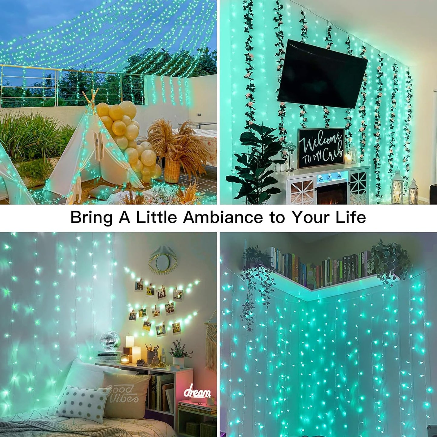 suddus Curtain Lights for Christmas, 200 Led 6.5ft x 6.5ft Hanging String Lights Outdoor, Fairy Curtain Lights for Backdrop, Window, Wall, Party, Garden, Bedroom, Birthday Decorations, Teal