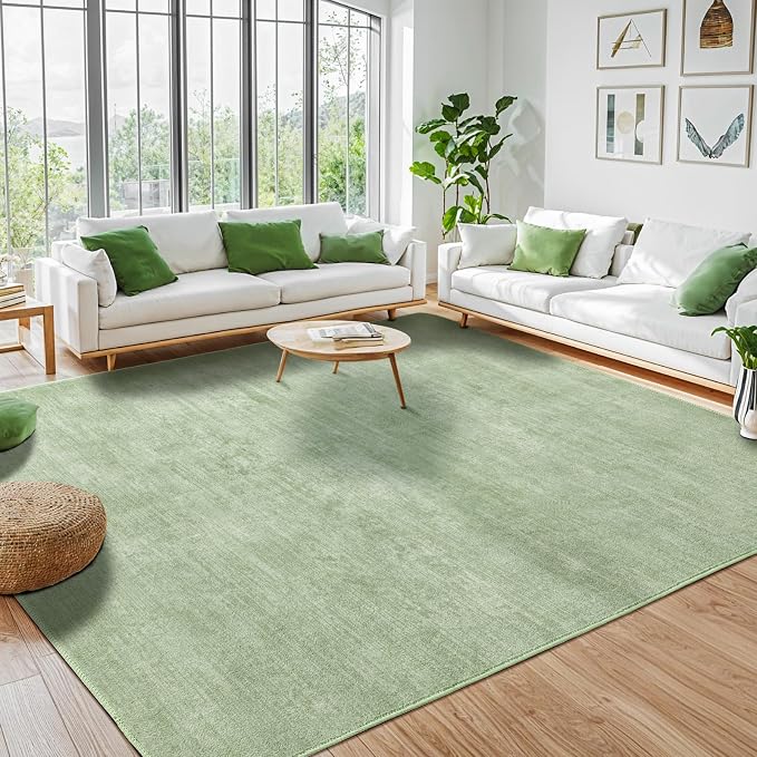 8x10 Washable Area Rug, Green Solid Area Rugs for Living Room & Bedroom | Stain-resistant & Non-slip backing,Low Pile Washable Large Carpet, Solid Vintage Style For High Traffic Areas(8x10,Green)