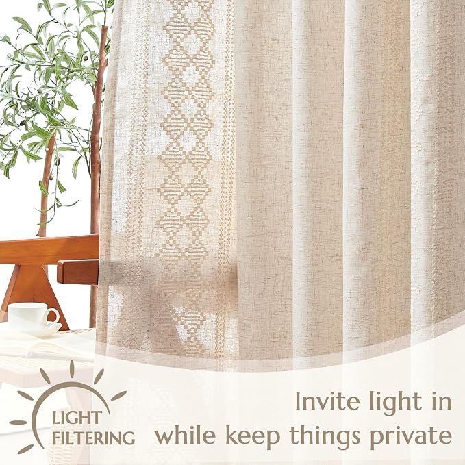 jinchan Boho Curtains Linen Blend Ivory Farmhouse Curtains 84 Inches Long for Living Room Square Embroidered Bordered Back Tab Living Room Window Light Filtering Bohemian Drapes 2 Panels