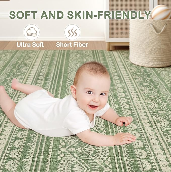 Tortania Area Rug Living Room Rugs - 8x10 Washable Large Soft Neutral Boho Moroccan Bohemian Farmhouse Rug Indoor Floor Carpet for Bedroom Under Dining Table Home Office Decor - Green