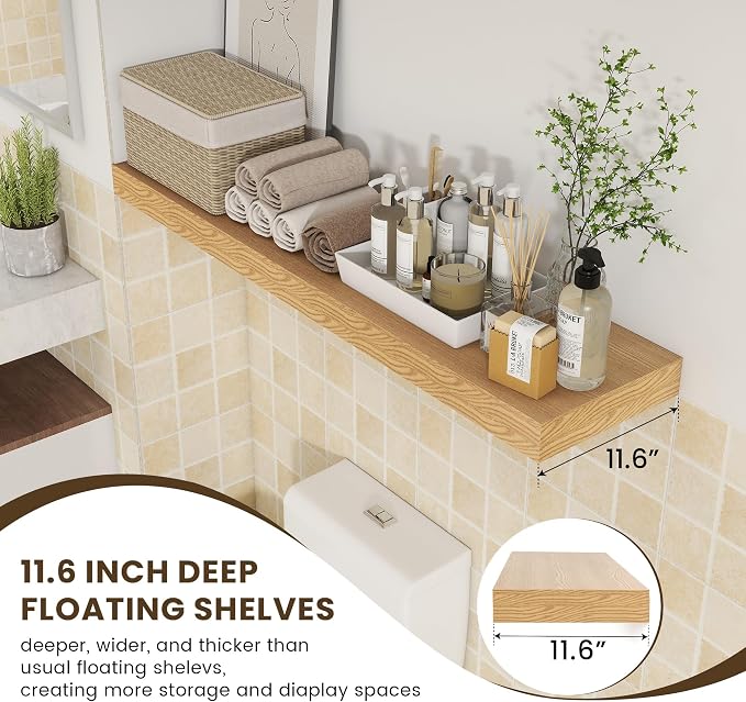FLYJOE 48 Inch Floating Shelf, 12'' Deep Oak Shelf for Wall Set of 1 | 48'' x 12'' Rustic Wood Shelves for Farmhouse Living Room Bathroom Kitchen Laundry Room