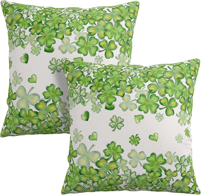 St Patricks Day Throw Pillow Covers Lucky Heart Shamrock Pillow Covers 2 Pack 16x16 Spring March Holiday Square Pillowcases St.Patrick's Day Decorations for Couch Sofa Home