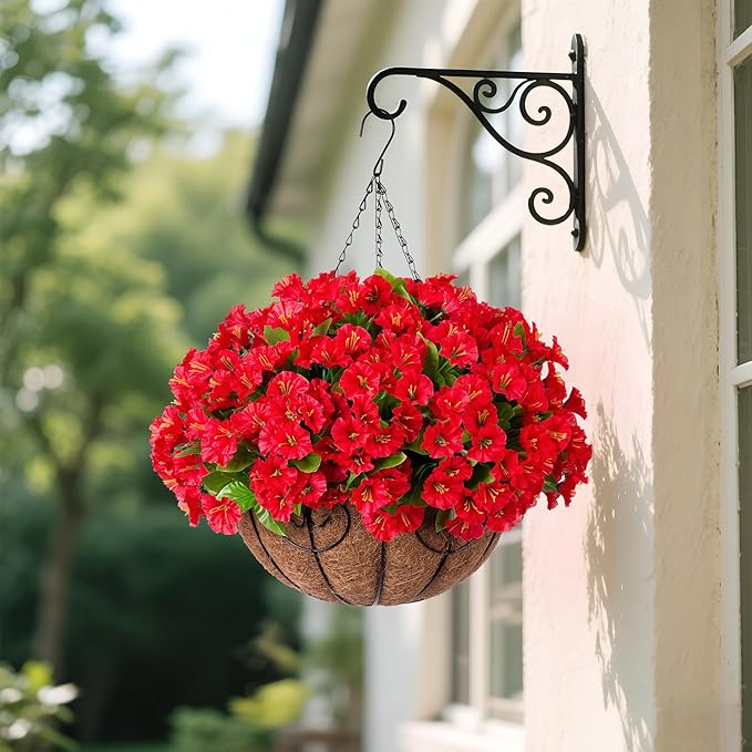 Ammyoo Artificial Hanging Flower Plants with Basket for Outdoor Decoration, Faux Petunias Flowers Fake Morning Glory Plants for Hanging Outside Patio Garden Porch Balcony Yard Spring Decor(Red)