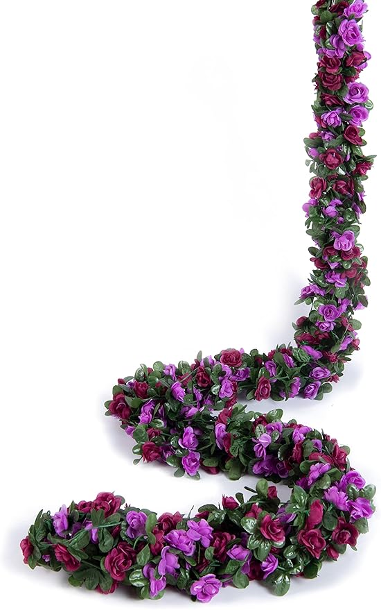 PONKING 8 Pcs x 8.2 ft Flower Garland Artificial Rose Vine Flowers with Green Leaves Hanging Fake Roses Vine for Room Party Home Wedding Birthday Christmas Wall Arch Decor, Spring Purple Flower