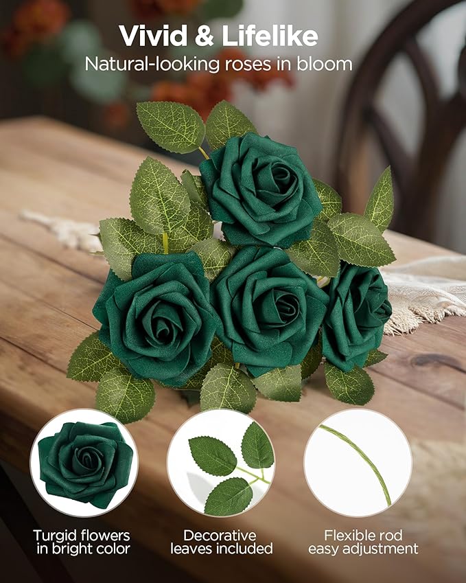 InnoGear Artificial Flowers, 50 Pcs Hunt Green Foam Fake Roses Bulk with Stems for St. Patrick's Decoration DIY Wedding Bouquets Centerpieces Bridal Shower Party Valentines Christmas Tree