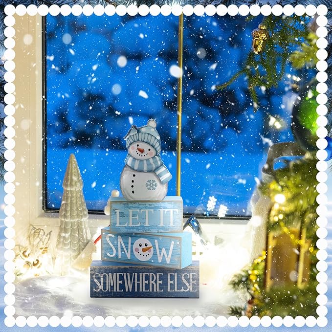 Lineshading 4 Pcs Winter Table Decorations Wooden Snowman Blue and White Winter Tiered Tray Decor Christmas Centerpiece Rustic Decorative Snowman Block Sign Gift for Wonderland Party Home Kitchen