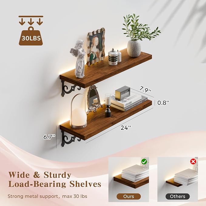 24 Inch 2 Tier Solid Wood Floating Shelves with LED Light, Metal Brackets | 24 inch solid pine shelves, 2 tier, warm LED light, walnut finish, metal brackets for books and decor