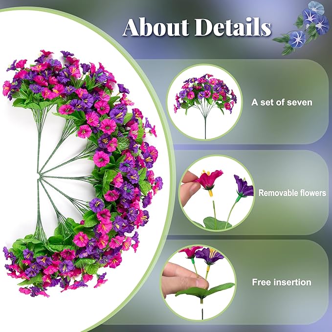 Ammyoo Artificial Fake Hanging Flowers with Basket, Faux Silk Morning Glory Flower Arrangement for Spring Summer Decor, Hanging Plant for Patio Garden Porch Outdoor Decor