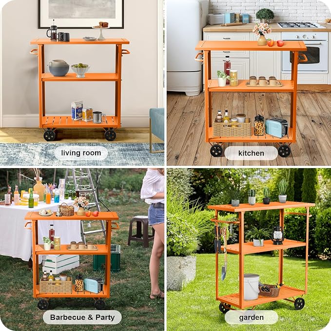 LOKKHAN Orange 3-Tier Metal Rolling Beverage Bar Cart | Waterproof Rustproof Serving Cart with Handle | 39.37 x 15.74 x 41 in | Indoor Use Outdoor Party Utility Storage Cart