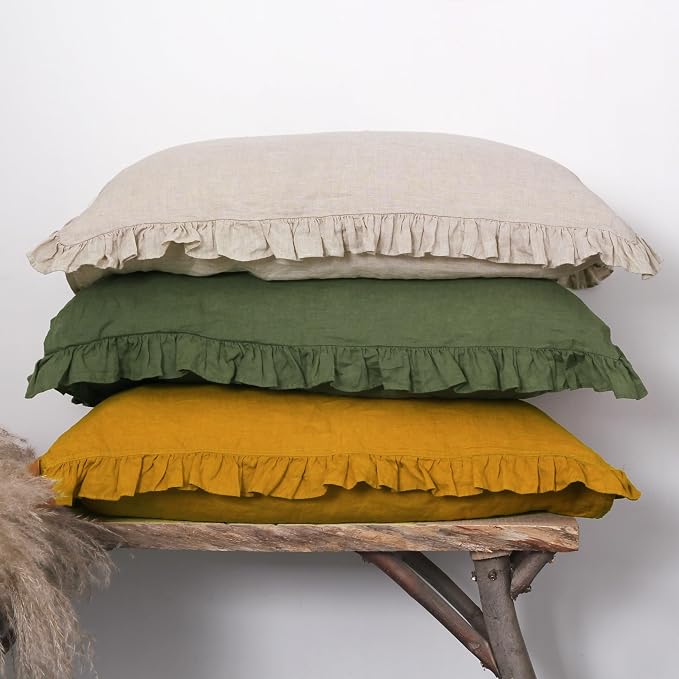 Linen Ruffled Pillow Cases,100% French Natural Linen Pillowcase Set of 2,Decorative Boho Pillow Cases Ruffle Bedding King Size (20''x40''),Yellow