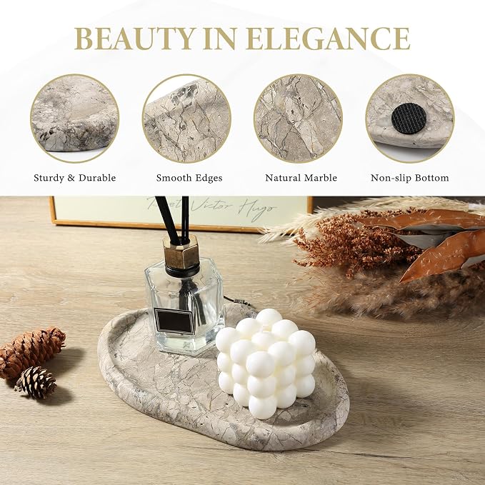 Koville Marble Vanity Tray for Bathroom, Cloud Shape Stone Key Tray | 10" x 7" Marble Storage Trays for Bathroom, Stone Plate Holder for Perfume, Candle and Jewelry (Silver Pearl)