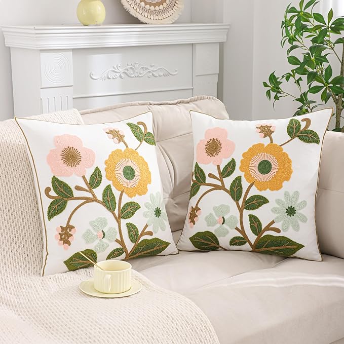 Spring Pillow Covers 18x18 Set of 2 Embroidery Throw Pillow Covers Yellow and Pink Flowers with Green Leaves Farmhouse Pillow Cushion Case Summer Foral Decorative Farm Pillowcases