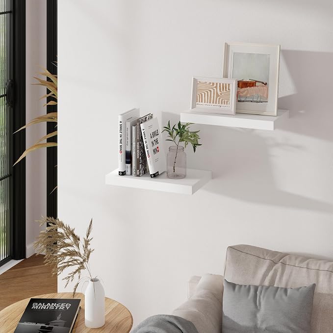 White Floating Shelves, 16 inch Wooden Floating Shelves for Wall, 9.3in Deep Wall Mounted Shelf for Storage & Organizer, Shelving for Bathroom Living Room Kitchen Bedroom, 16 x 9.3 x 1.5 in, 2 Packs