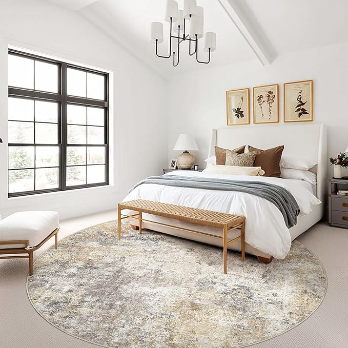 UERMEI 10ft Round Area Rug Living Room Rugs - 10x10 Washable Large Neutral Modern Abstract Soft Thin Rug Indoor Floor No Slip Rug Carpet for Bedroom Under Dining Table Home Office Decor - Golden Grey