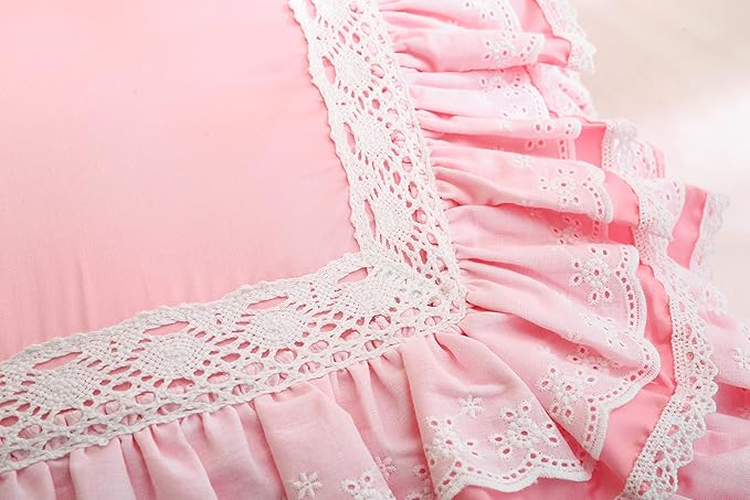 2-Pack Luxury Lace Pink Euro Shams Throw Pillow Covers Cushion Cases with Ruffles Cotton 26"X26" Zipper Closure Elegant