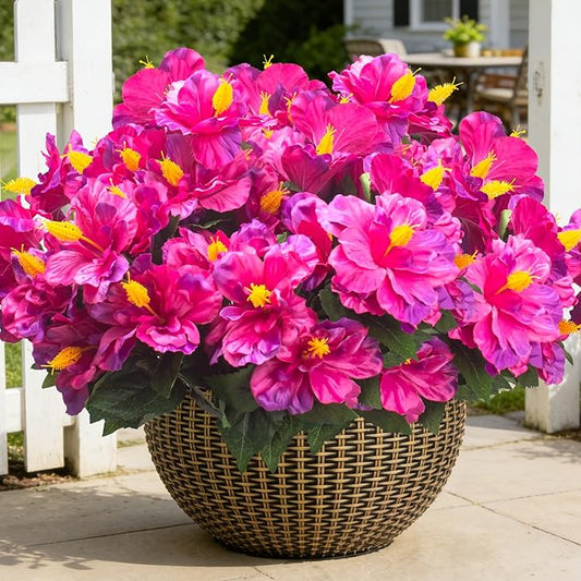 Grunyia Artificial Hibiscus Flowers for Outdoors, Silk Tropical Flowers, UV Resistant Faux Plants, 5 Bundles for Planter Patio Porch Garden (Fuchsia)
