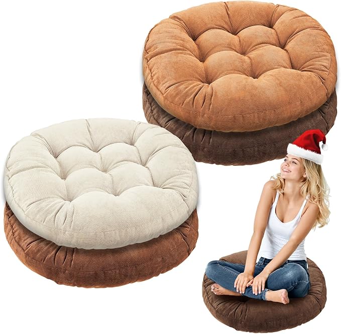 Jerify 4 Pcs Floor Pillow Cushions Large Round Square Large Meditation Floor Pillow for Classroom Adult Meditation Picnic Party Seating Learning Daycare School (Round,Brown)