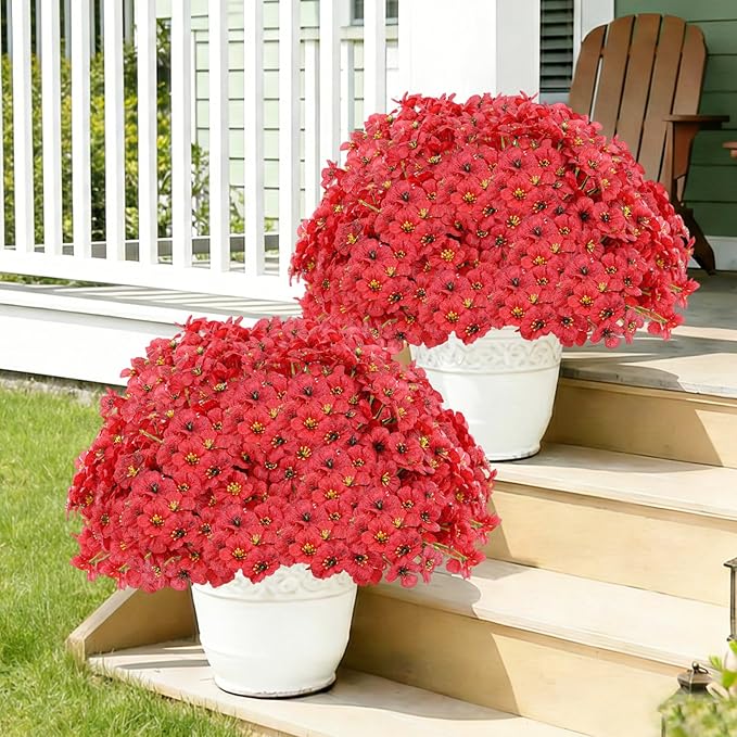 Powbrace 60 Pack Artificial Flowers for Outdoor Indoor Fake Plants, Faux Silk Flowers for Outdoors Outside Front Porch Hanging Planter Window Box Garden Spring Decoration(Red)