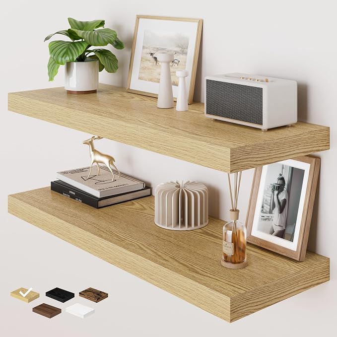 RICHFOCUS Deep Floating Shelves for Wall 2 Pack 12" D 36 Inch Wall Shelves for Room Wall|Wood Hanging Shelf with Invisible Brackets for Bathroom Bedroom Kitchen Laundry Room, Oak
