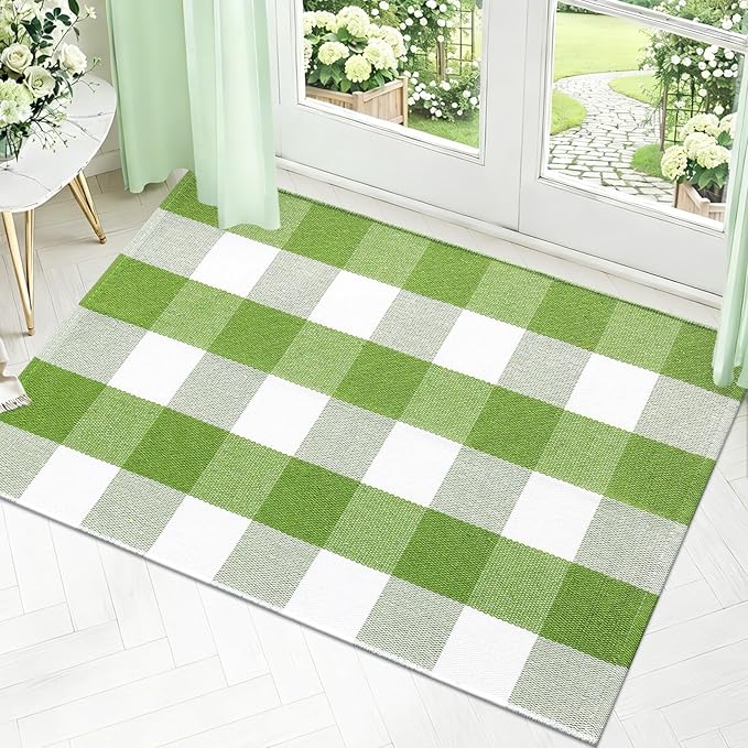 OLANLY Buffalo Plaid Rug 2'4" x 3'7" (27.5" x 43") – Green and White Cotton Checkered Doormat, Washable Indoor Outdoor Rug for Layered Front Porch, Kitchen, Entryway Decor