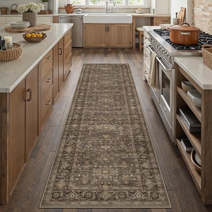 2'6x12 Washable Runner Rug for Hallway Kitchen Vintage Brown Non Slip Low Pile Carpet Traditional Retro Soft Throw Rug for Bathroom Bedroom Entryway Indoor Entrance