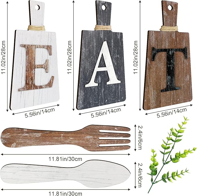 Jetec Cutting Board Eat Sign Set Hanging Art Kitchen Eat Sign Farmhouse Fork and Spoon Wall Decor Rustic Primitive Country Kitchen Decor for Home over Cabinet Decoration(White, Grey, Dark Brown)