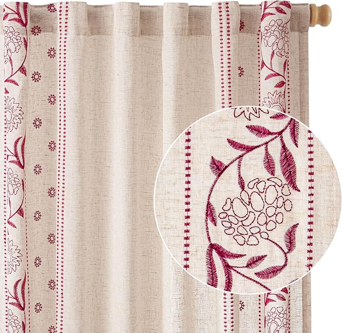 jinchan Red Floral Linen Curtains for Bedroom 84 Inches Length Holiday Curtain Embroidered Bordered Curtains for Living Room Farmhouse Decor Light Filtering Window Treatments Red on Beige 2 Panels