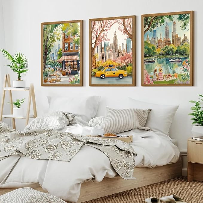 Watercolor New York City Wall Art Nyc Canvas Wall Decor Nyc Painting New York Landmarks Poster Travel Wall Art Central Park Artwork for Bedroom Living Room 16x24x3 Inch Wood Framed