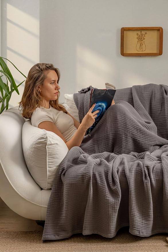 Muslin Blanket - Pure 100% Turkish Cotton Airy Soft Light Versatile Gauze Throw Blanket for Bed, Couch, Sofa (Dark Gray, King Size (95" x 110" inch))