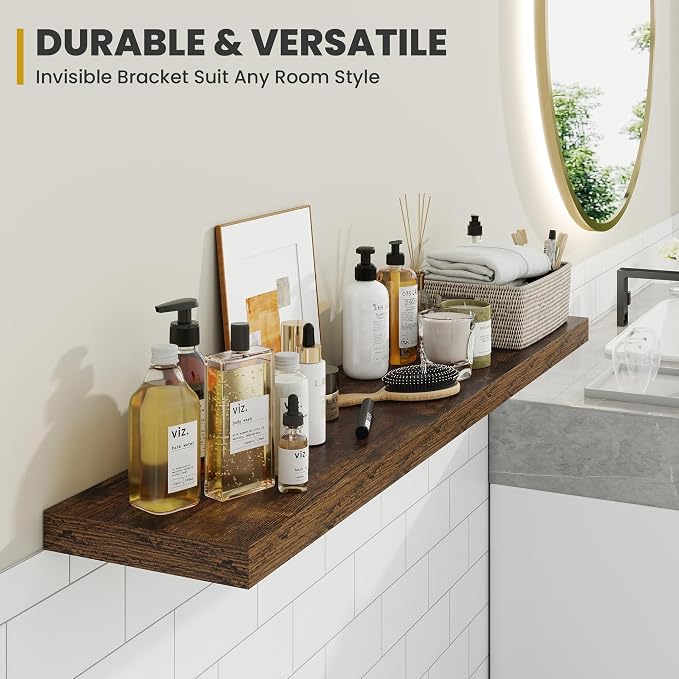 Acovy 40 Inch Floating Shelves, 9.3" Deep Floating Shelf Wall Mounted, 40" Wall Shelves, Rustic Deep Bookshelf, Large Display Shelves & Storage Shelves for Bedroom, Living Room, Brown, Set of 2