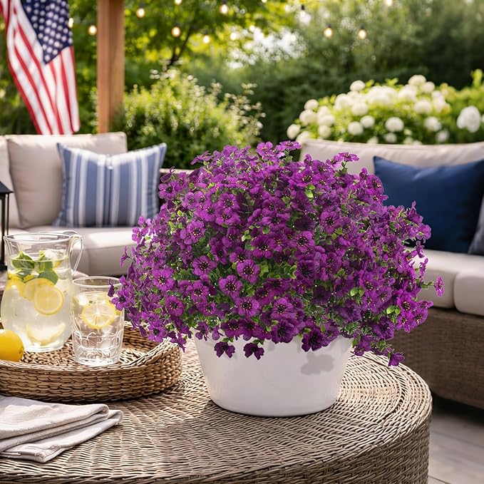 Grunyia 20 Bundles Artificial Flowers for Outdoors, UV Resistant Fake Plants Flowers Greenery Shrubs Plants for Decoration Outside Plants Hanging Planter Home Garden Decor (Purple)