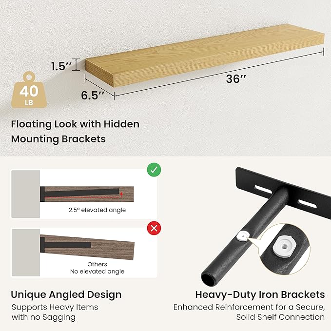 Fun Memories Rustic Wood Floating Shelves for Wall, Space-Saving Wall Mounted Shelves for Bathroom, Bedroom, Living Room and Kitchen, Stylish Storage & Display (Set of 2, Oak, 36 in)