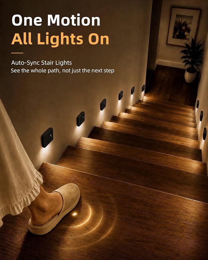 EZVALO 6 Pack Motion Sensor Night Lights, Sync LED Stair Lights Indoor, 1500mAh Rechargeable, Magnetic & Dimmable, 3000K Soft White, Portable Nightlight for Hallway, Stairs, Bathroom, Bedroom (Black)