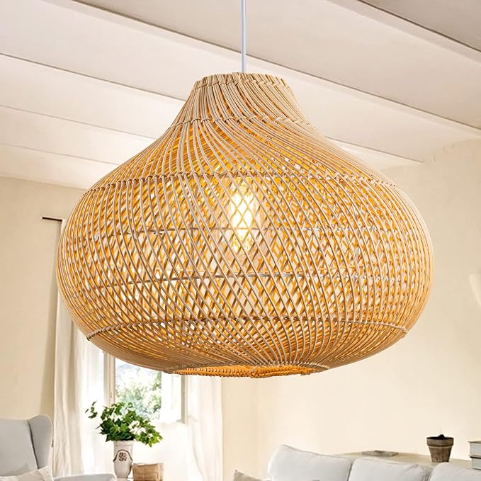 Rattan Pendant Light, 16.5" Hand-Woven Wicker Chandelier Boho Hanging Light Fixture, Farmhouse Natural Raindrop Basket Ceiling Light for Dining Room Kitchen Island Bedroom Living Room, E26