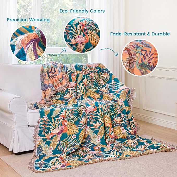 MSGKV Boho Throw Blanket for Couch 50"x60" 100% Cotton Jungle Animal Blanket Summer Breathable Lightweight Blankets for Sofa Home Decor Muslin All Seasons