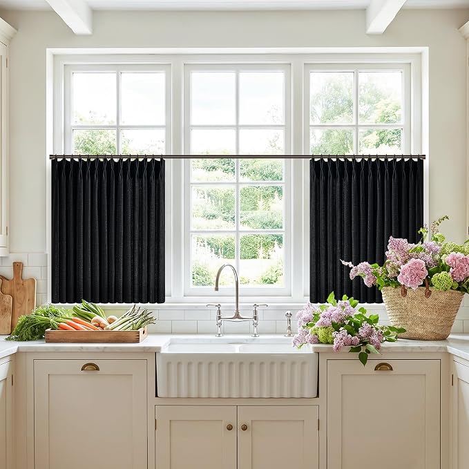 Short Black Pinch Pleated Curtains 24 Inches Long Rustic Vintage Light Filtering Linen Blend Small Window Curtain for Kitchen Dining Room Semi Sheer Privacy Flax Linen Pleat Cafe Drapes 2 Panels