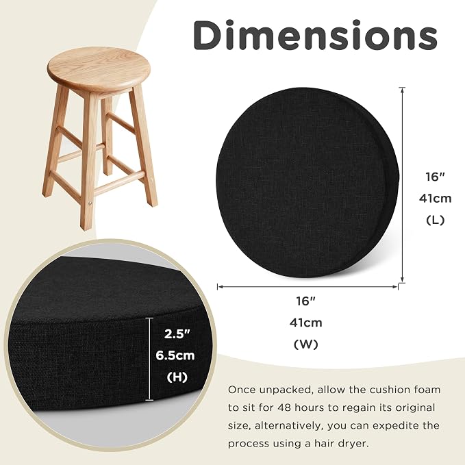 AddGrace 2.5" Thick Non Slip Round Chair Pad 1 Pack, 16", Black | Machine-Washable Cover, Non-Slip, for Kitchen, Dining Room, Office, Floor, Bistro Cafe, for 16" Ottoman, 16" Round Stool