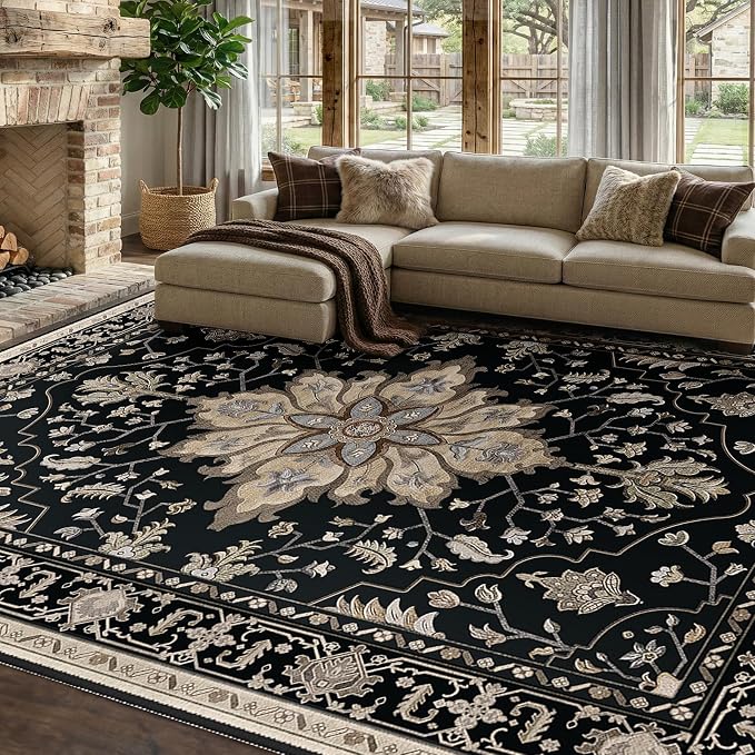 RELEANY Area Rugs 8'x10' Washable Non-Slip, Floral Vintage Distress Medallion Carpet for Living Room Bedroom Dining Room, Black Brown Neutral Dark Tan