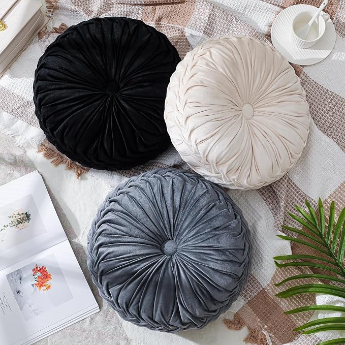 Drydiet 3 Pcs Round Throw Velvet Pillows Decorative Pleated Throw Pillows Diameter Accent Pumpkin Boho Chair Cushion for Couch Sofa Home Decoration (Black,White,Gray,15'')