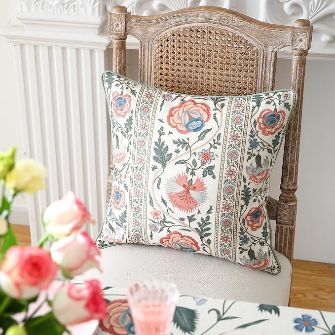 ISAENNE Designer Linen Throw Pillow Cover,Set of 2,18"x18"-Daffy B | Vintage French Elegant Square Pillow Cover,Concealed Zipper Design,Floral Pattern,Sofa,Bedroom,Living Room,Lounge Chairs